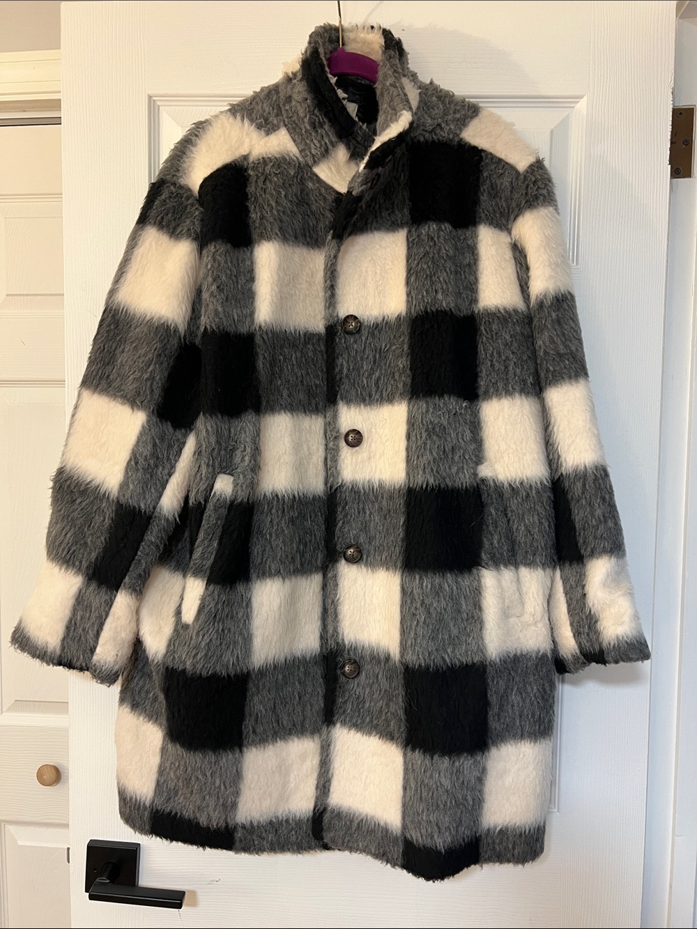Marine Layer Faux Fur Coat XL - Plaid, Black & White